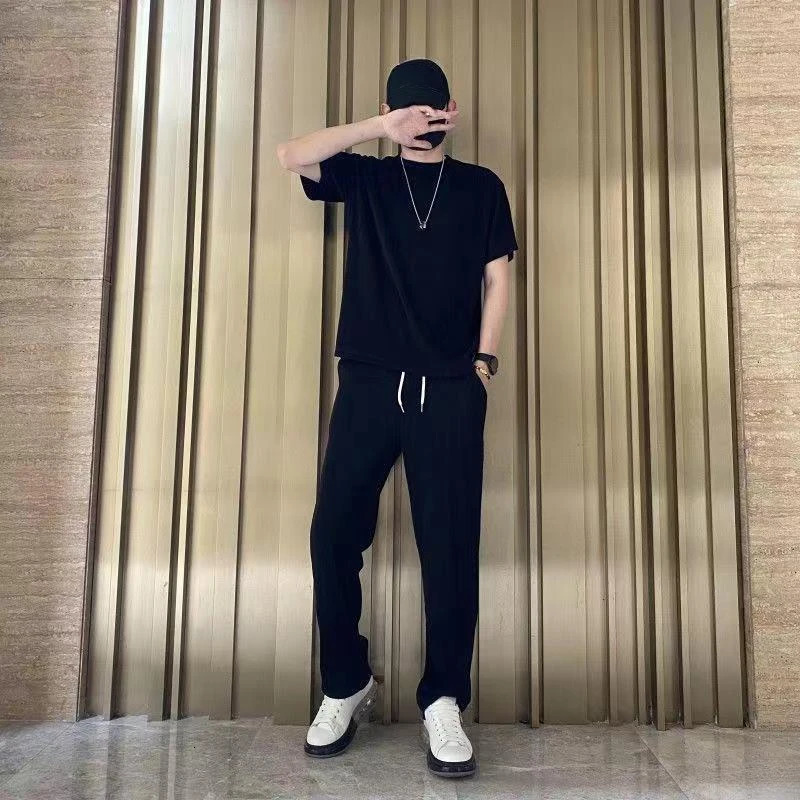 Stretch Brown T-shirts Pants Suits for Men Plain No Smooth Cool Man Trousers Sets Korean Two Piece Set Short Quarter Sleeve 250619