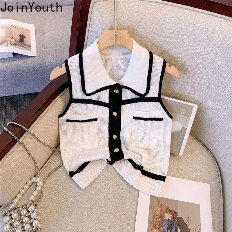 Vintage Sweater Knitted Vest Womens Clothing Temperament Sleeveless Summer Waistcoat Cropped Tops Casual Fashion Tunic Tanks