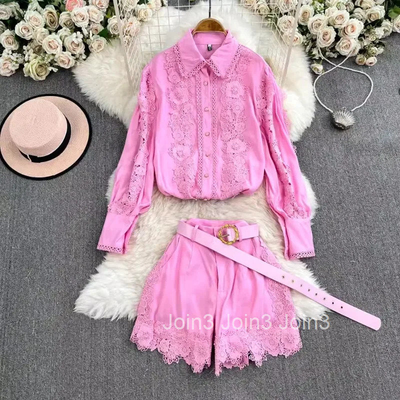 2025 Women Clothing 2 Piece Sets Long Sleeve Hollow Out Shirts High Waist Patchwork Lace Shorts Outfits Temperament Summer Suit