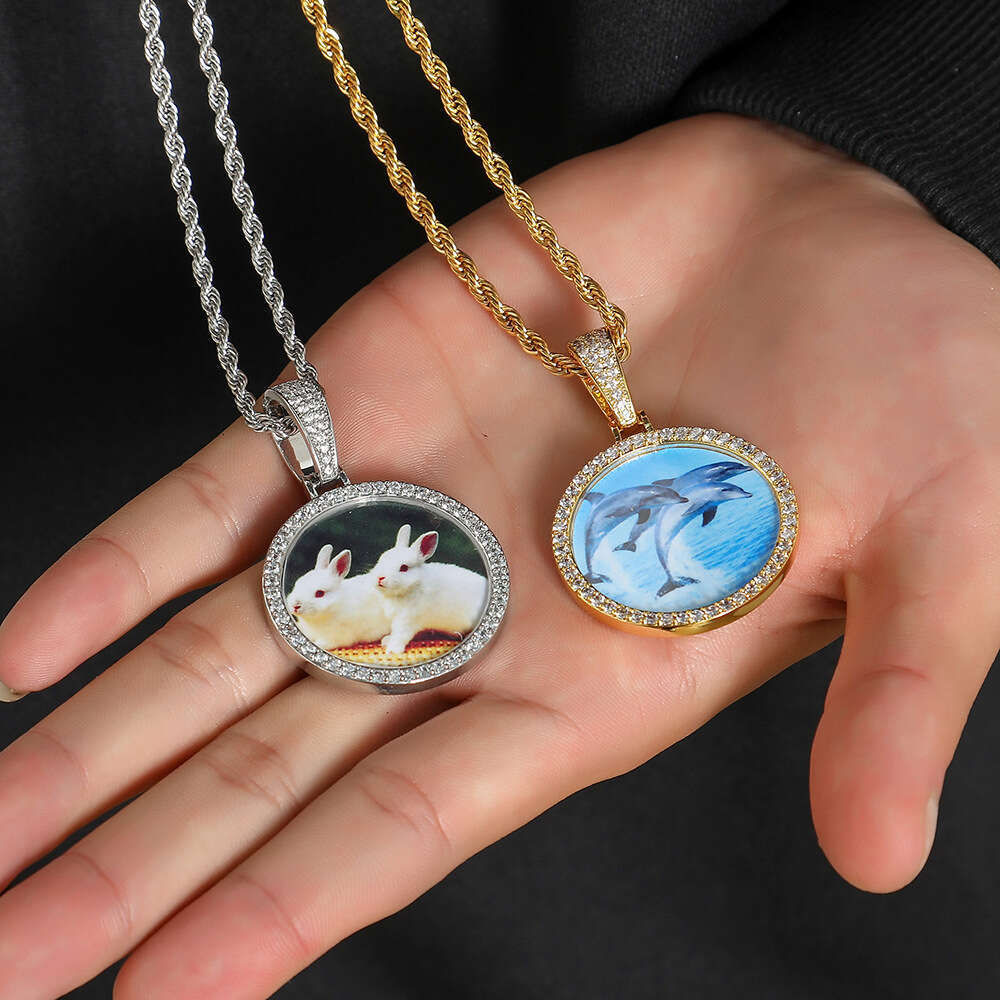 New Small Round Pendant Micro Paved Zircon Trendy Hip Hop Photo Frame Men's Necklace 1d99
