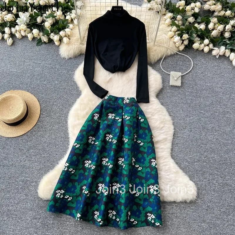 Two Piece Sets for Women High Waist Floral A-line Skirt Long Sleeve Tunic Tops Outfits Roupas Femme Fashion Korean Vintage Suit