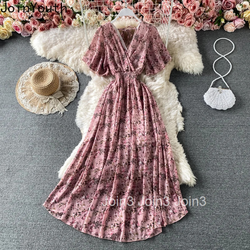 Floral Elegant Dresses for Women V-neck Slim Waist Vintage Robe Femme 2025 Vestidos De Mujer A-line Big Swing Summer Maxi Dress