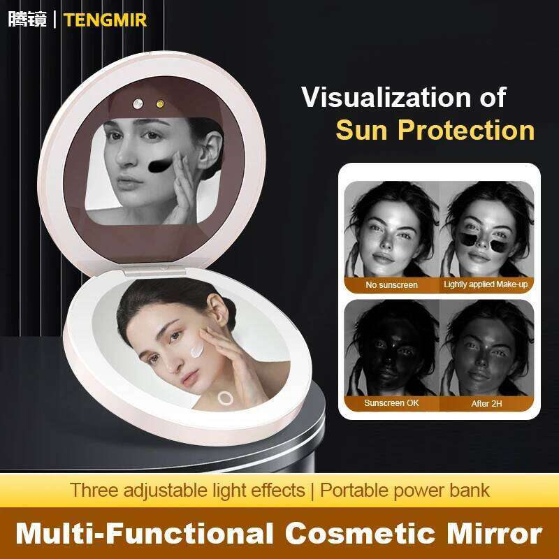 TENGMIR Portable UV Sunscreen Testing Mirrors Multi-Function Phone Charging Make Up Tool Smart Lighting Makeup Mirror