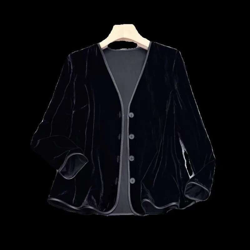 Velvet Black Jackets 2025 Womens Clothing Chinese Style Vintage Outwear Ropa Mujer Oversized Tops V-neck Chic Temperament Coats