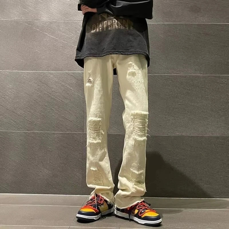 Trousers with Holes Man Cowboy Pants Aesthetic Ripped Mens Jeans Torn Broken Black Straight Trend Loose Cotton Washed Kpop 250617