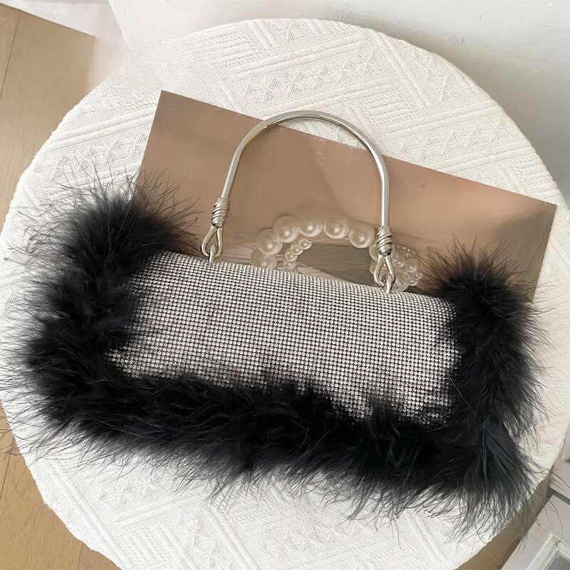 Luxury bag Fashion Ostrich Fuax Fur Feather Tote Bag Ladies Bling Dinner Party Wedding Handbag