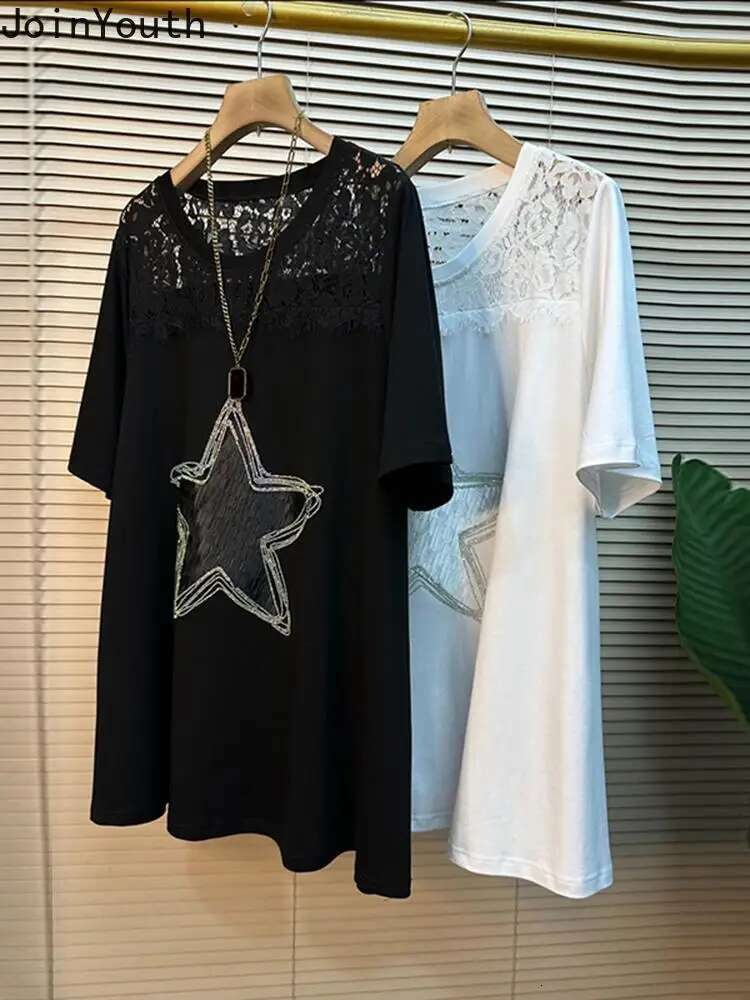 Oversized T Shirts Summer Womens Clothing Patchwork Lace Long Tops O-neck Short Sleeve Tees Print Casual Fashion Thin T-shirts