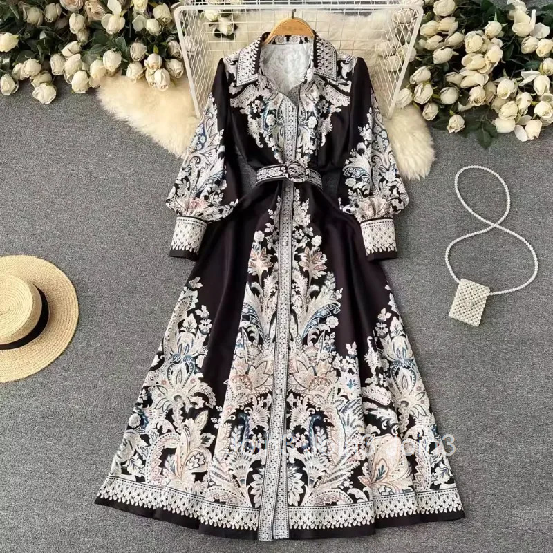 Print Maxi Dress Women Slim Elegant Long Robe Femme Fashion Vintage Dresses Lantern Sleeve Bandage Vestidos Mujer Clothes