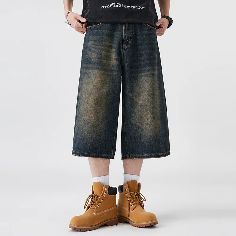 Mens Non-Elastic Denim Seven-Five Shorts Loose Wide Leg Fit Versatile Simple Style Casual Shorts 250617