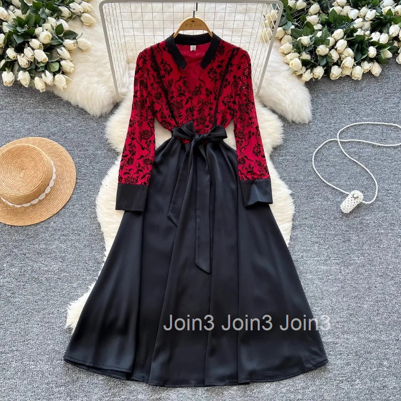 Temperament Robe Femme Maxi Dresses Chic Women Clothing 2025 Vestidos De Mujer V-neck Flocking Floral High Waist Bandage Dress