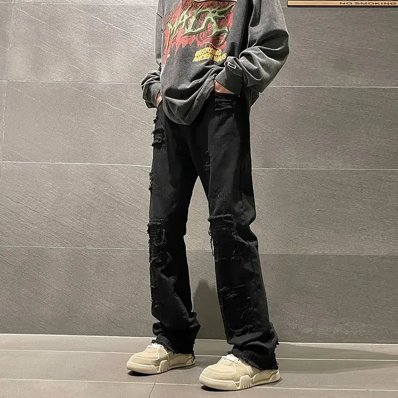 Trousers with Holes Man Cowboy Pants Aesthetic Ripped Mens Jeans Torn Broken Black Straight Trend Loose Cotton Washed Kpop 250617