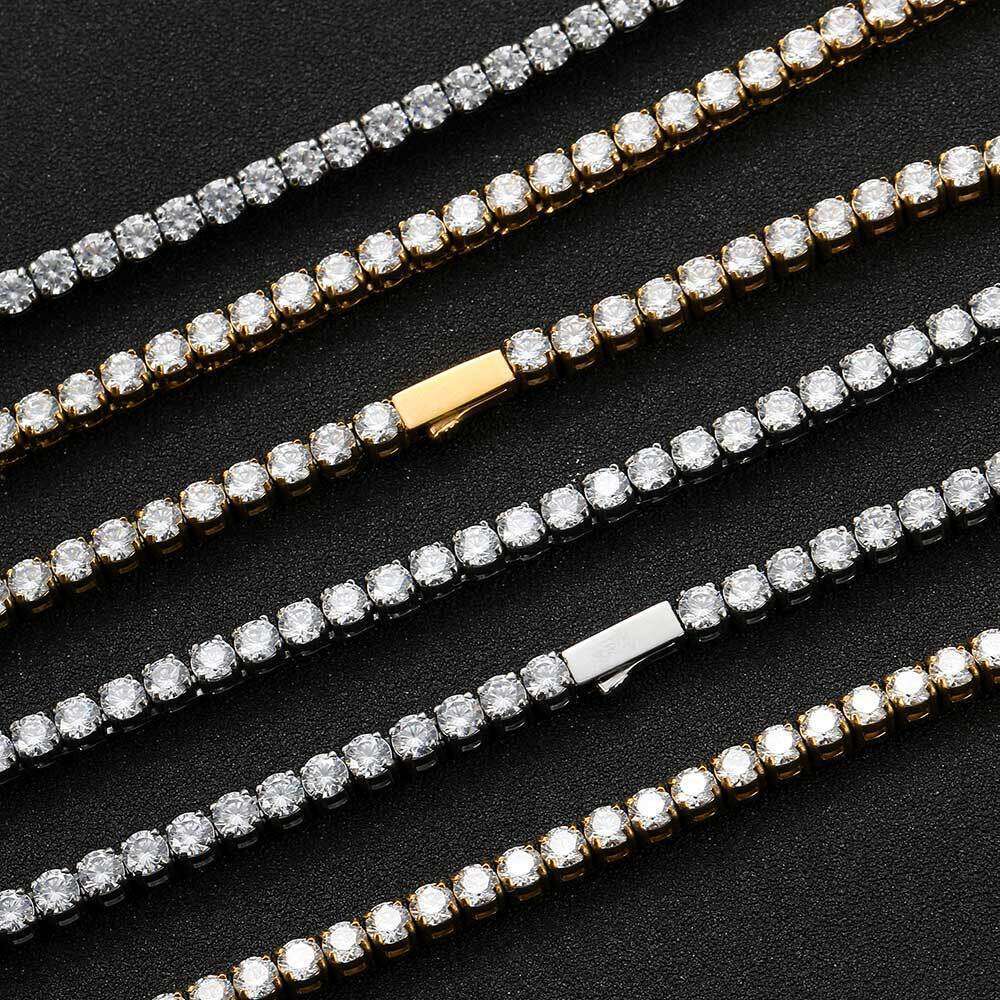 4mm Spring Buckle Stainless Tennis Chain Hip-Hop Zircon Necklace High-End Titanium Steel Men's Bracelet 1466