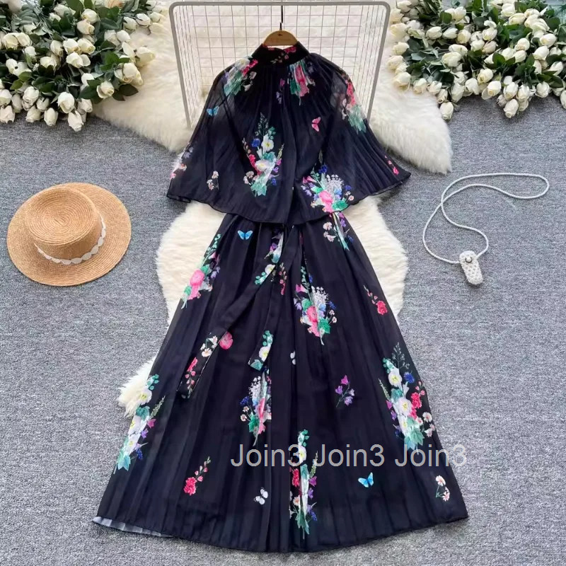 2025 Vestidos De Mujer Vintage Maxi Dresses for Women Slim Waist Bandage Temperament Floral Robe Femme Big Swing Pleated Dress