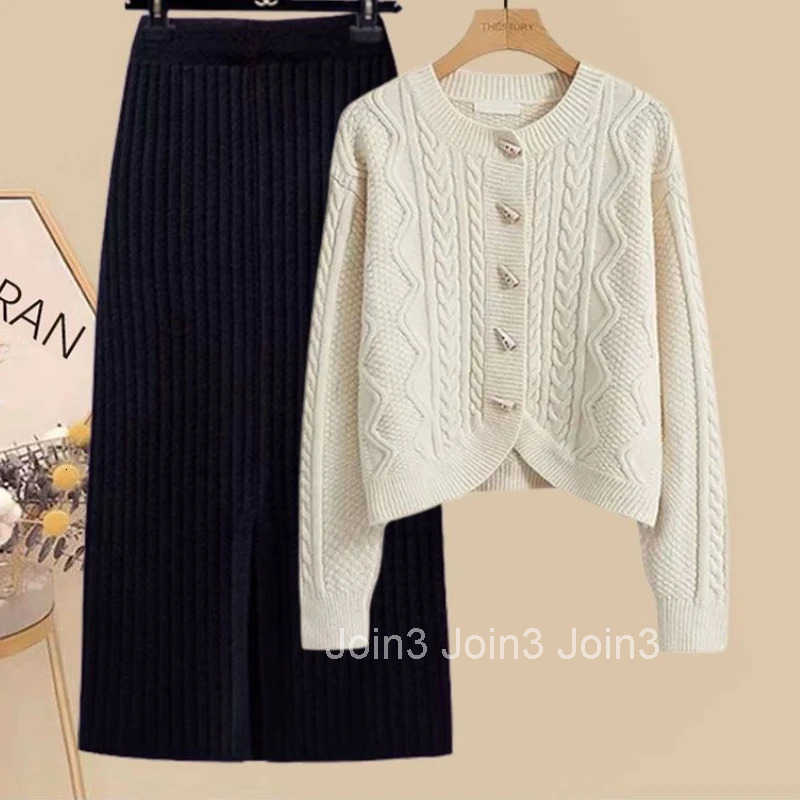 Skirt Suit Two Piece Sets Womens Outfits Roupas Femme O-neck Sweater Coat High Waist Bodycon Skirt Sets Casual Knitted Clothes