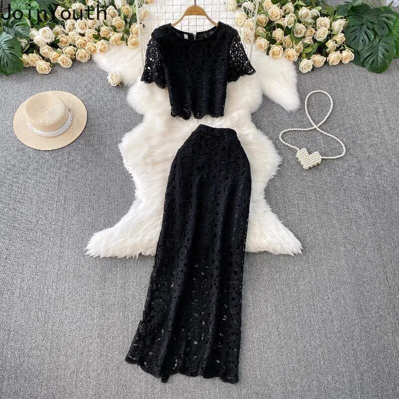 Skirt Suit 2 Piece Sets Women Outfits Summer Clothing O-neck Short Sleeve Crop Tops Bodycon Tunic Skirts Hollow Out Korean Set