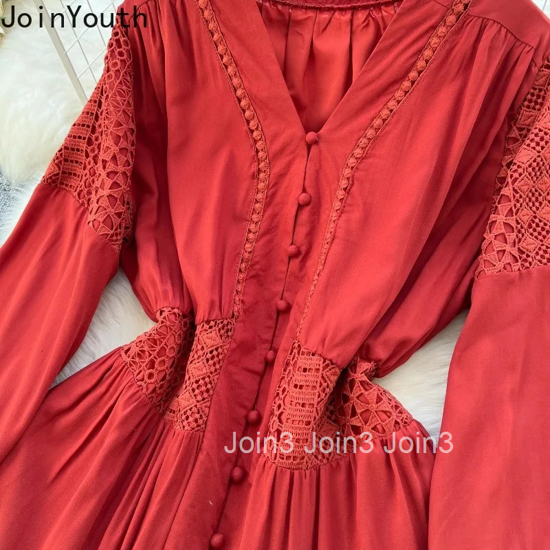 Vintage Dresses Women Clothing V-neck Lantern Sleeve Slim Waist Robe Femme Single Breasted Hollow Out Maxi Dress Vestido Femme