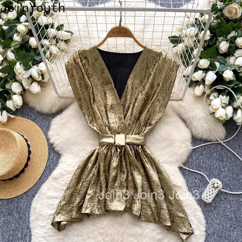 2025 Blusas Mujer De Moda Sleeveless Tunic Blouse Womens Clothing Temperament Lady Tops Slim Waist Folds Summer Shirt Blouses