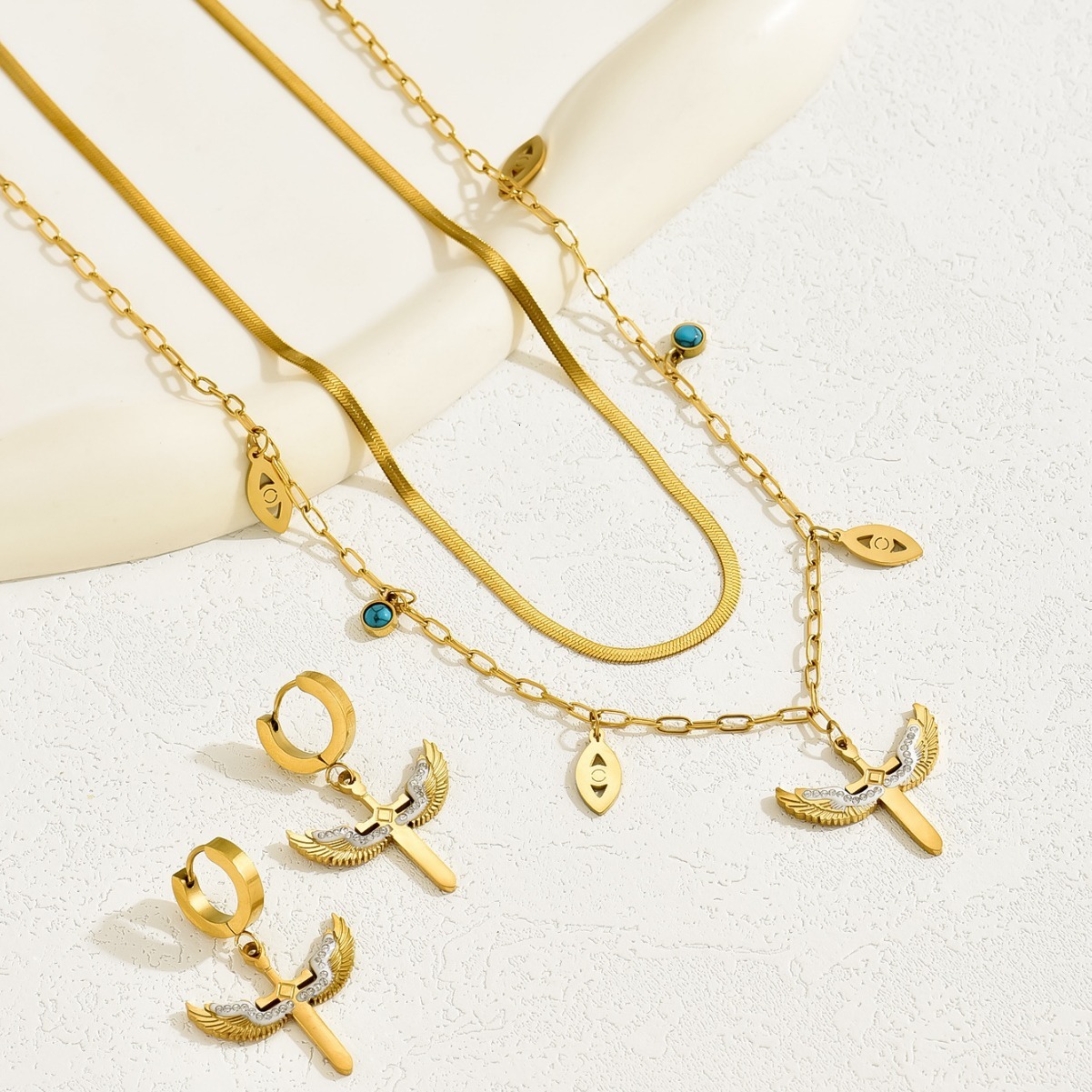 Unique Earrings And Necklace Set With Zircon Inlay, Double Layer Design, Long Clavicle Chain