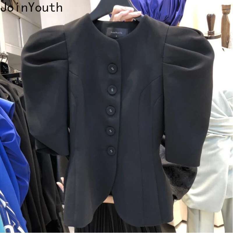Elegant Women Blouses O-neck Puff Sleeve Tunic Shirts Solid Color Single Breasted Temperament Tops 2025 Blusas Mujer De Moda