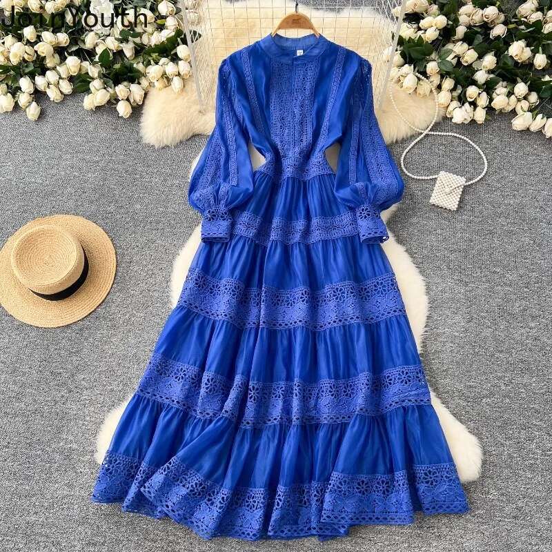 Elegant Dresses for Women Slim Waist Lantern Sleeve Temperament Robe Femme Patchwork Lace Chic Maix Dress 2025 Vestidos De Mujer