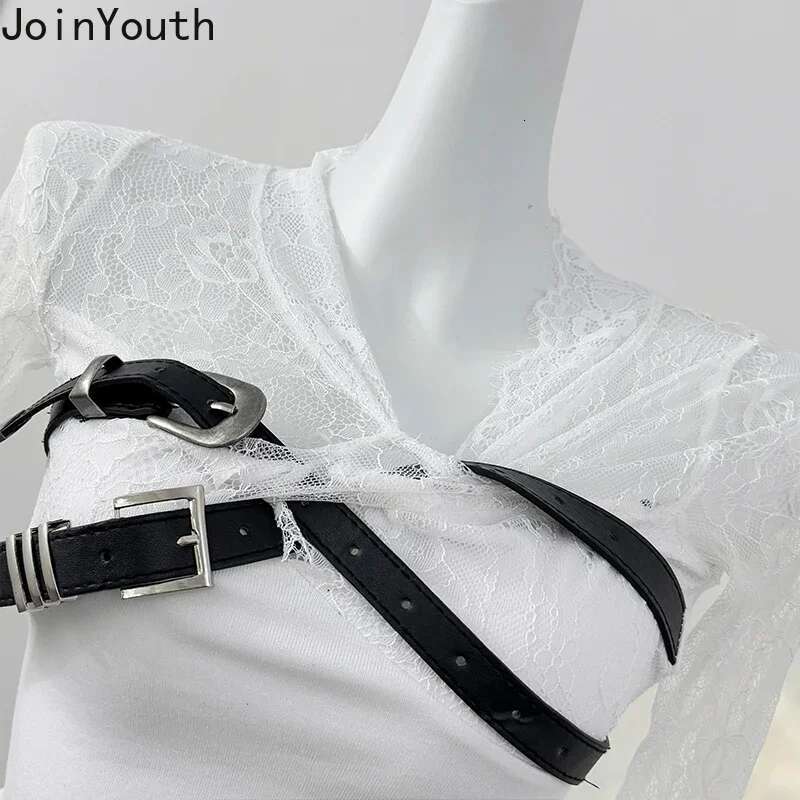 Crop Tops Tshirts for Women Long Sleeve Tunic White Tees Patchwork Lace Fashion Camisetas Hollow Out Sexy Korean Y2k T Shirt
