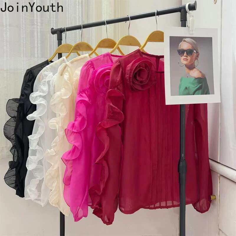 2025 Camisas De Mujer Blouse for Women Temperament Lady Tops O-neck Long Sleeve 3D Floral Shirts Vintage Loose Korean Blouses