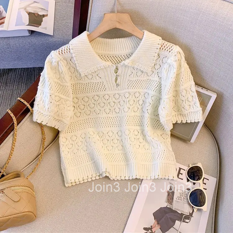 Hollow Out Knitted T Shirts for Women Turndown Collar Short Sleeve Tees 2025 Ropa Mujer Casual Fashion Summer Korean Tshirt Tops