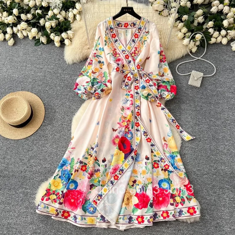Summer Woman Dress 2025 Vestidos De Mujer V-neck Bandgae Lantern Sleeve Big Swing Elegant Robe Femme Vintage Floral Maxi Dresses