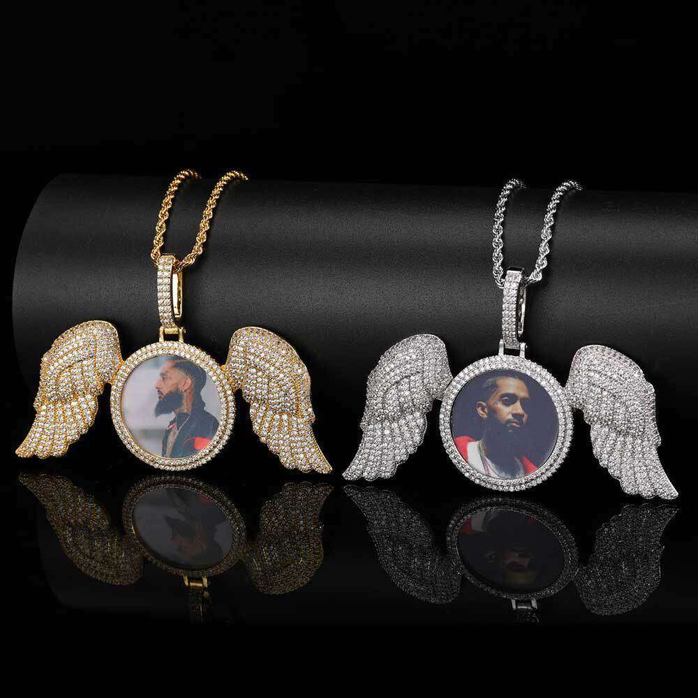 Large Wings Round Photo Pendant Micro Paved Zircon Personality Memory Frame Angel Necklace 7f55