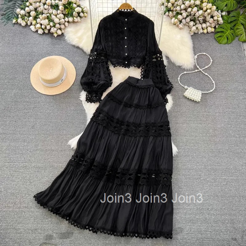 Skirt Outfits Women Clothes Two Piece Sets Lantern Sleeve Stand Neck Shirt High Waist A-line Suit Hollow Out Lace Chic White Set