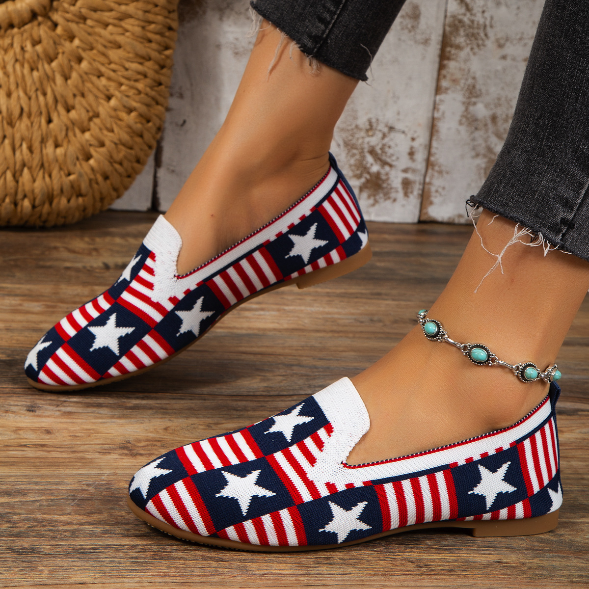 Luxury Brand Designer Shoes Sandals Foreign Trade Cross-Border Plus Size Women's Shoes Striped Star Wish Amazon New Slip-On Casual Women's S
