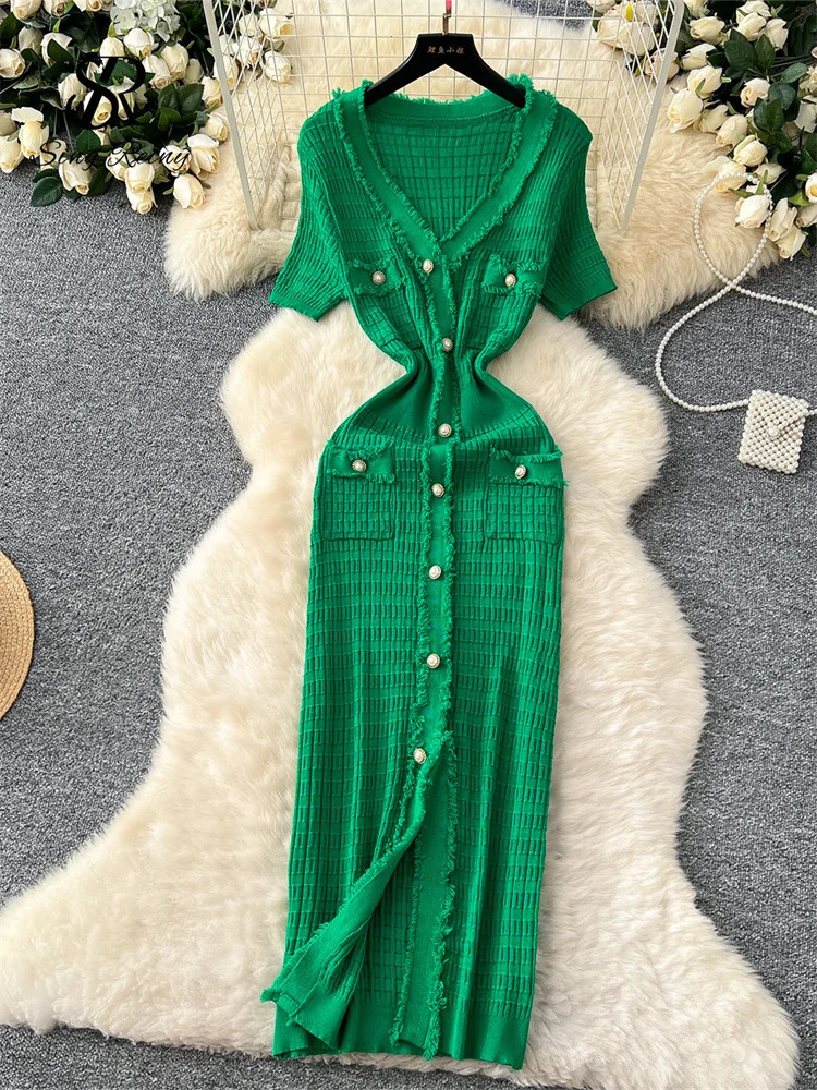 SINGREINY High Quality Elastic Knitted Long Sundress Women Short Sleeves Button Office Lady Vintage Split Slim Dress 250617