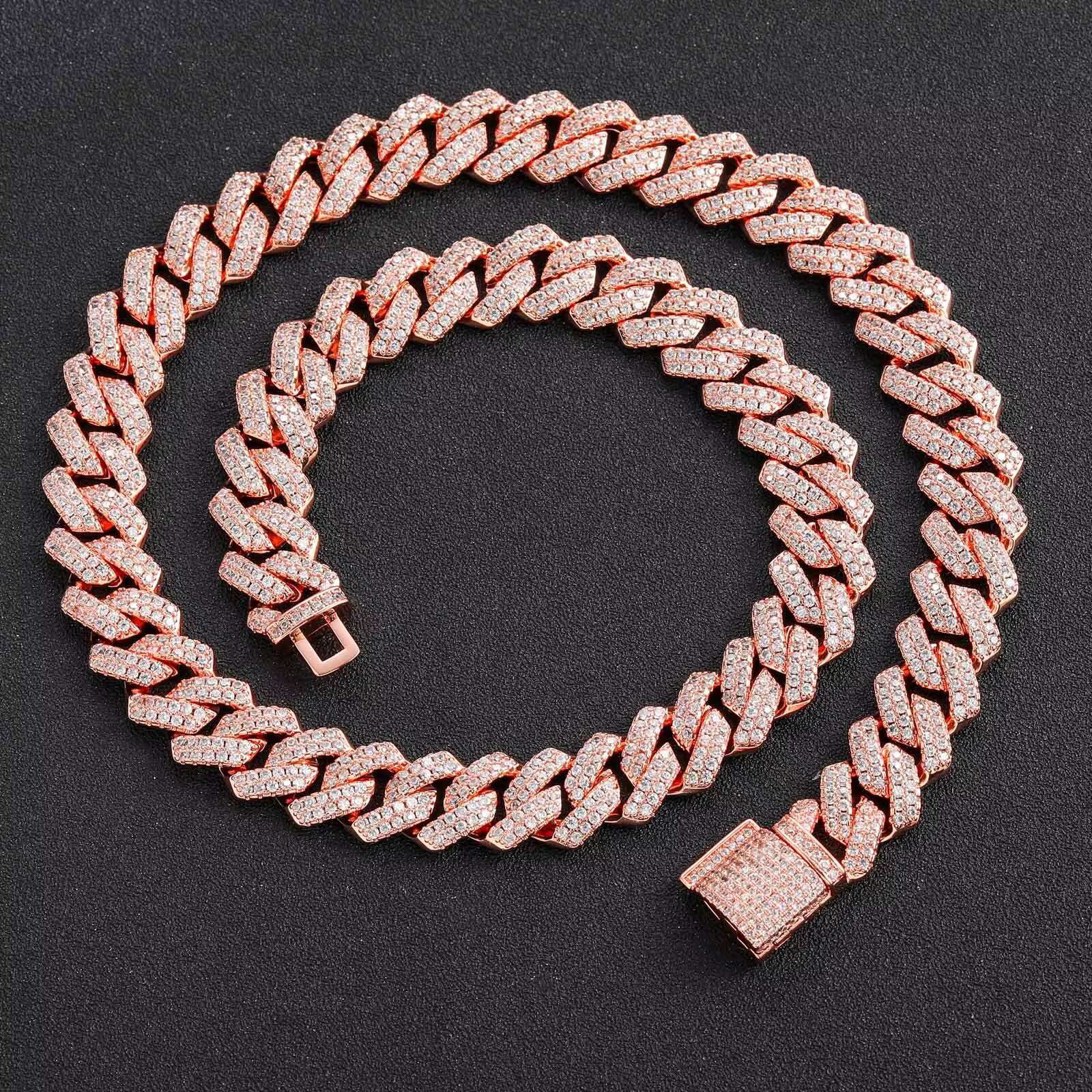 Hip Hop Iced Out 14MM 2 Rows Prong Cuban Chains Necklace Fully Diamond Ice Miami Link Chains Jewelry