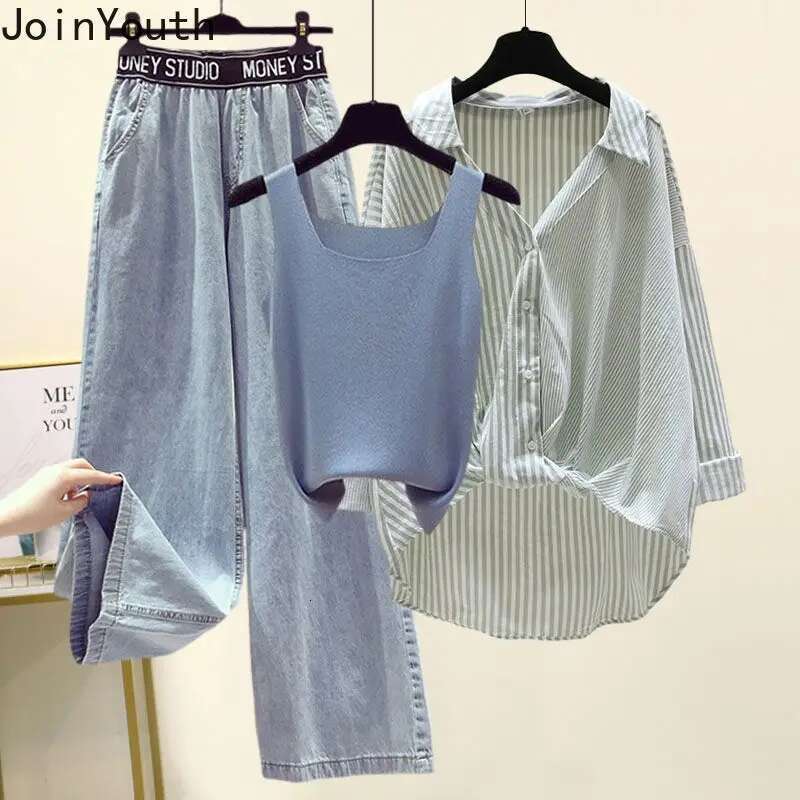 Oversized Clothes Fashion 3 Piece Sets Women Striped Blouses Knit Vest High Waist Striped Wide Leg Pants Outfitd Casual Set