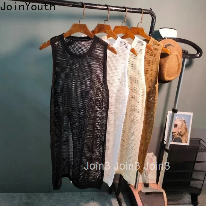 2025 Women Clothes Solid Color Woman Dress O-neck Sleeveless Split Robe Femme Loose Hollow Out Knit Dresses Summer Vestido Femme