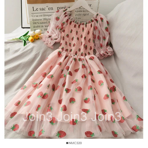 Joinyouth 2025 Summer Dress Women Strawberry Dresses Korean Sequined Gauze Vestidos Slash Neck Ruffles Robe Fashion Party Dress