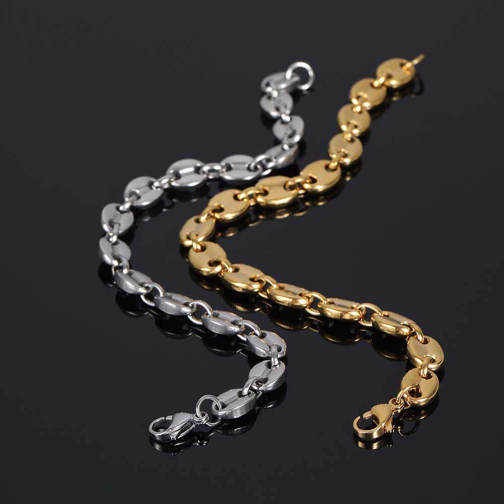 Hip Hop Real Gold Plated 8mm Coffee Bean Lobster Clasp Stainless Steel Pig Nose Button Necklace efee