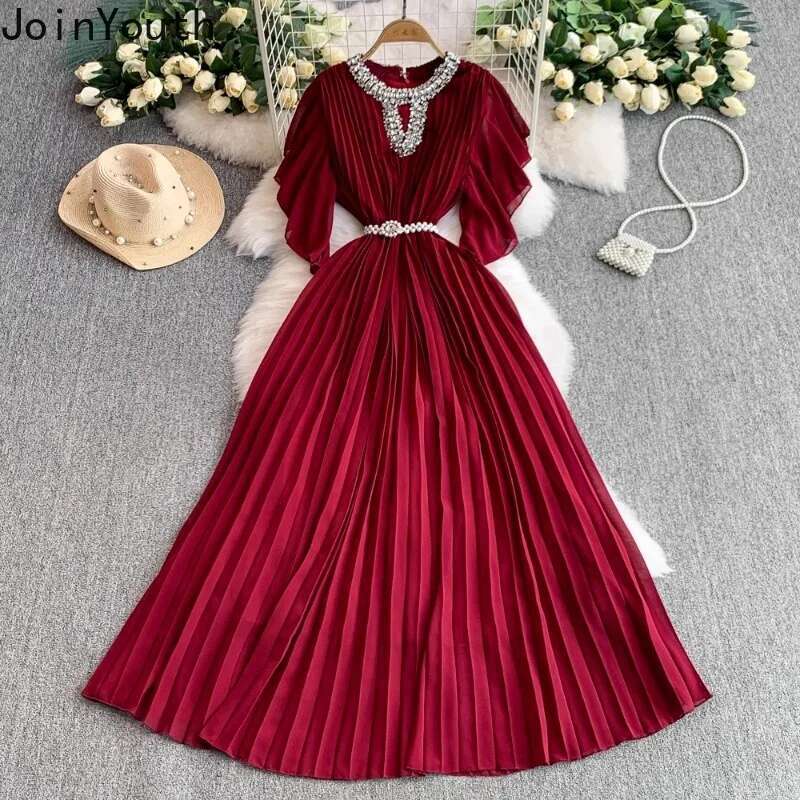 2025 Vestidos De Mujer Summer Dresses for Women Flying Sleeve Slim Waist Chic Robe Femme Heavy Diamond Hollow Out Pleated Dress