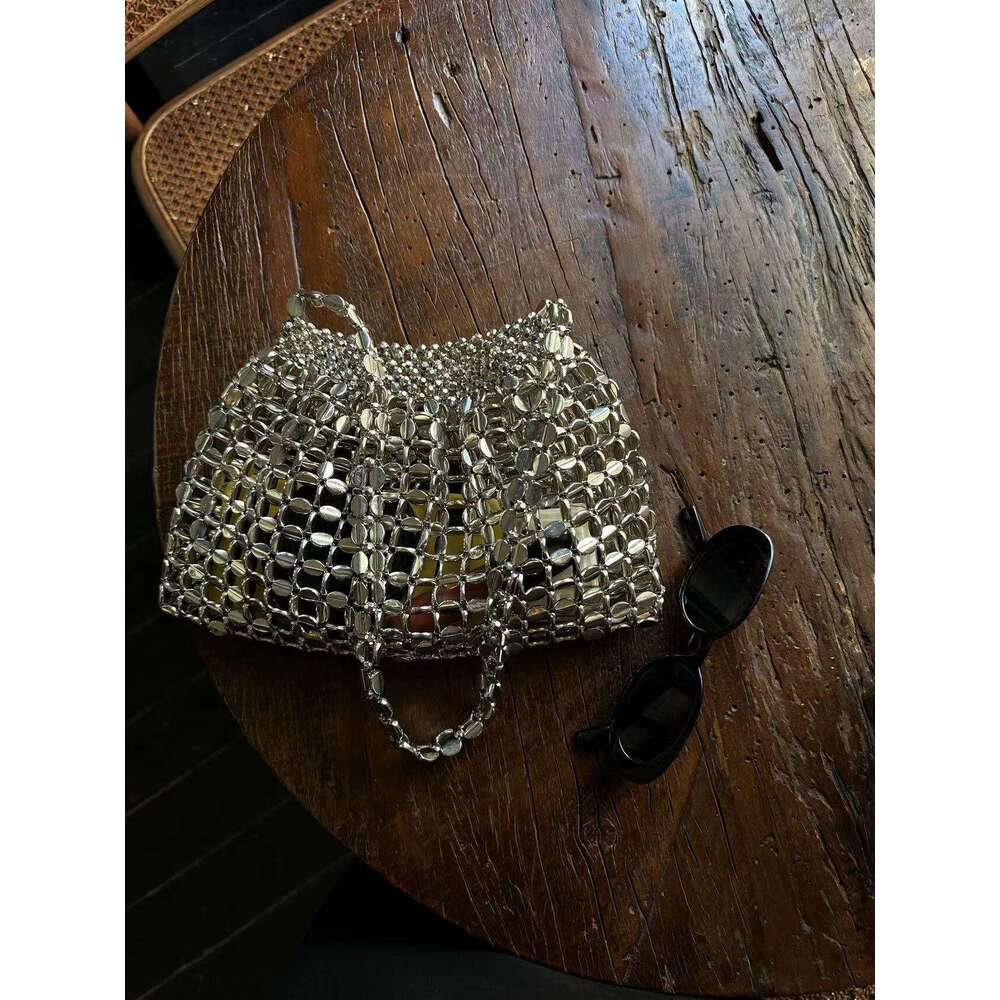 2024 New Metal Silver Design Hollow Handwoven Beaded Fashionable Single Shoulder Underarm Bag