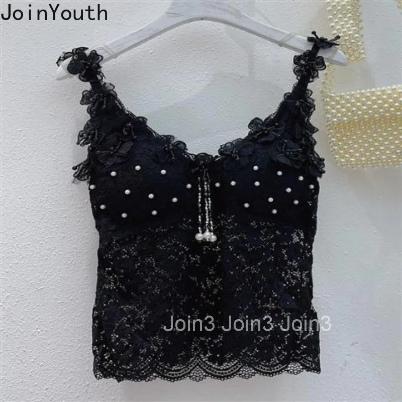 Sexy Tanks for Women Beading 3D Floral Lace Camis 2025 Ropa Mujer Crop Tops V-neck Sleeveless Slim Fit Fashion Sweet Vest 7p464