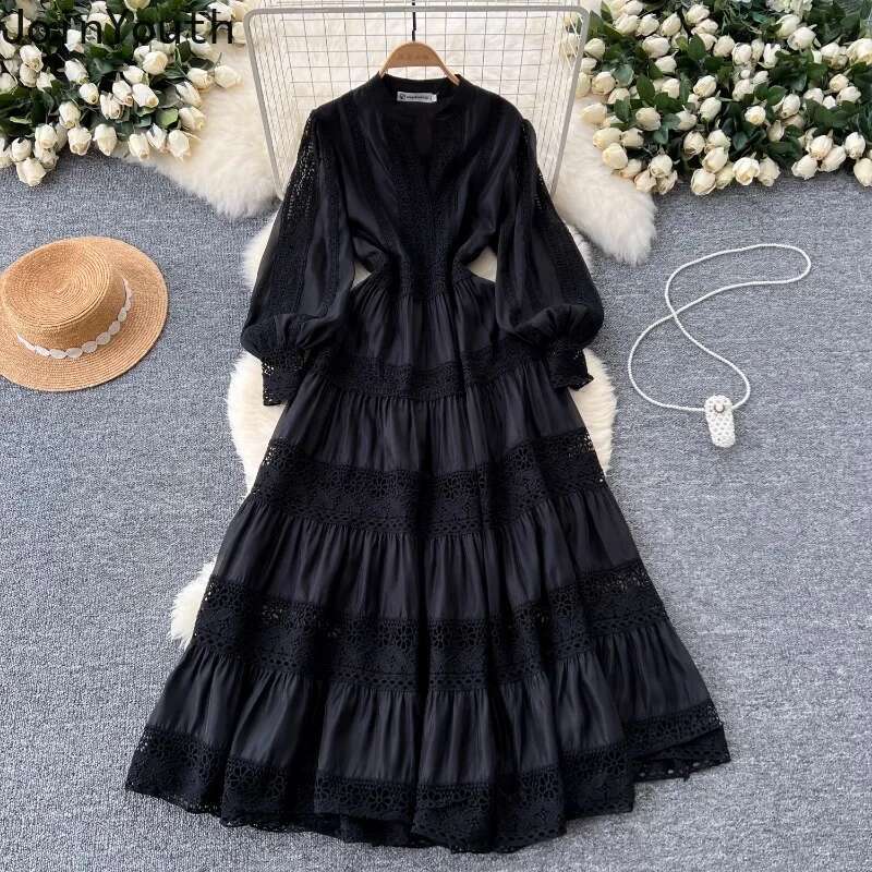 Elegant Dresses for Women Slim Waist Lantern Sleeve Temperament Robe Femme Patchwork Lace Chic Maix Dress 2025 Vestidos De Mujer