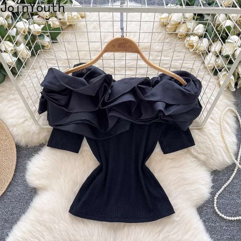 Sweet Woman T Shirts Slash Neck Off Shoulder Ruffles Tops 2025 Ropa Mujer Fashion Summer Camisetas Slim Fit Korean Tshirt Tees