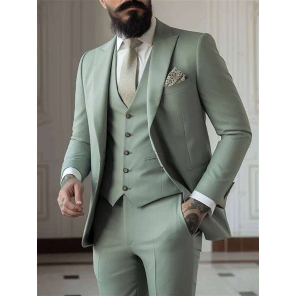 3 Piece Sage Green Men's Slim Fit Suits (Jacket+Vest+Pant) Wedding Groom Tuxedos Prom Formal Male Party Blazers