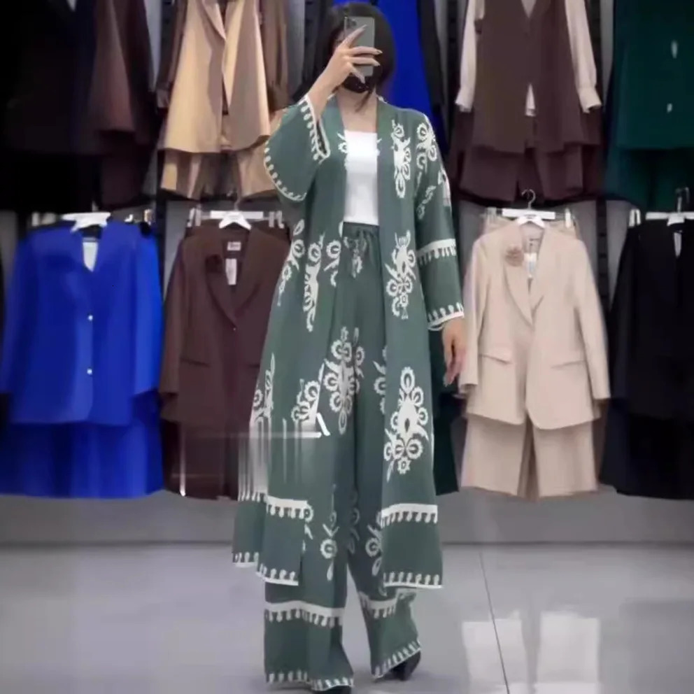 Eid Muslim Suits Women Print Blouses Wide Leg Pants Set Two Piece Musulman Ensemble Dubai Arabic Morocco Islam Casual Ramadan 250617