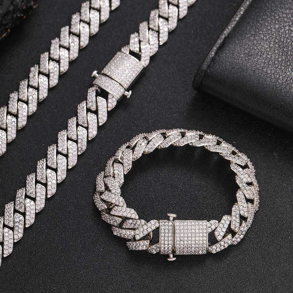 15mm Elastic Buckle Dia Cuban Chain Zircon Necklace Hip Hop Men's Bracelet Personality Jewelry 8601