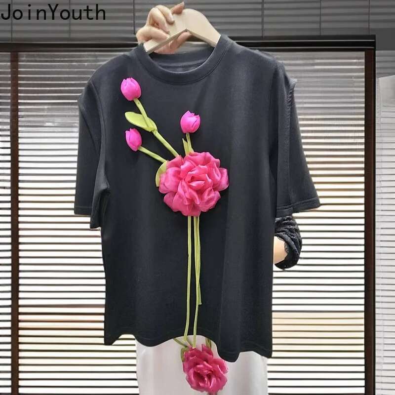 Chic 3D Floral T Shirts for Women 2025 Ropa Mujer Short Sleeve O-neck Camisetas Summer Tees Casual Sweet Loose White T-shirt