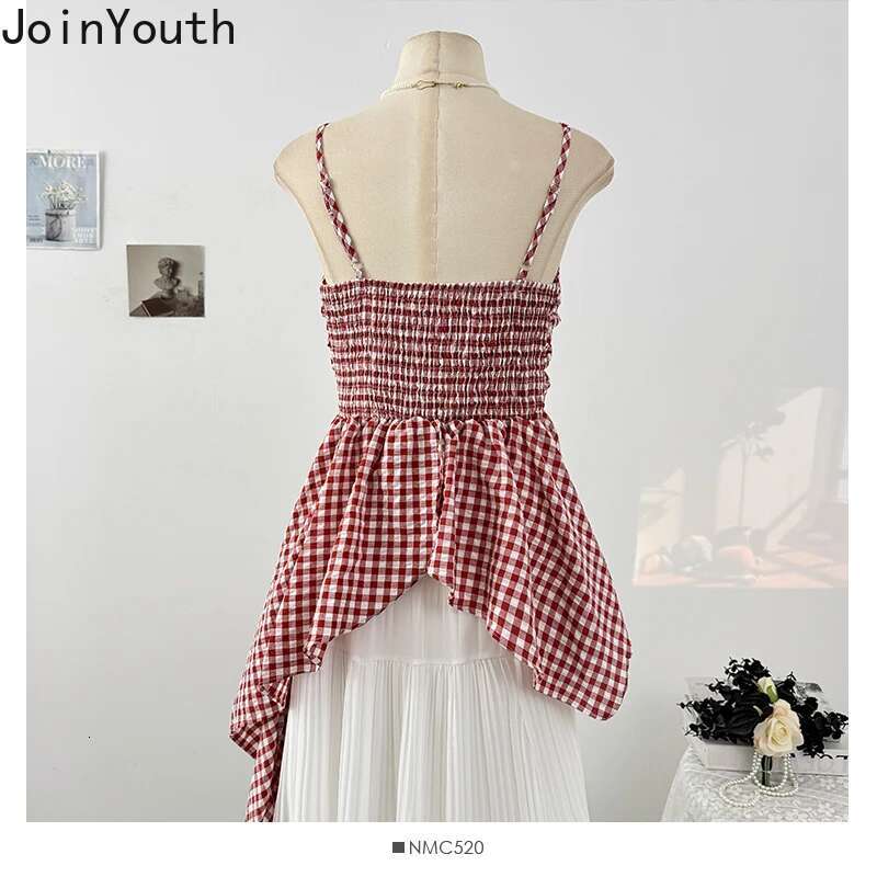 Summer Tees Ruffles Irregular Tanks Womens Clothing Korean Camis Crop Tops Tunic Fashion Plaid Folds Sweet Vest 2025 Ropa Mujer