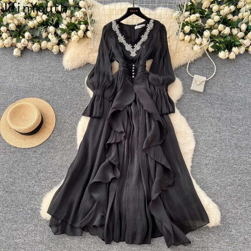 Korean Maxi Dress Women High Waist Vintage Vestidos De Mujer Elegant Heavy Diamonds Dresses V Neck Slim Waist Ruffles Robe Femme