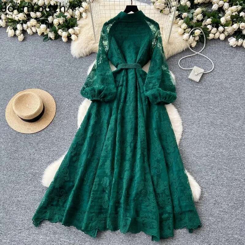 Stand Neck Single Breasted Dress Women Clothing Lantern Sleeve Lace Gauze Maxi Dresses Heavy Embroidery Temperament Robe Femme