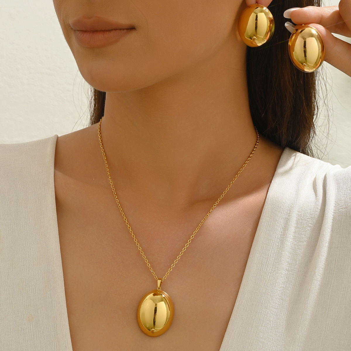 Wind Women's Long Pendant Necklace Circle Metal Design Earrings Jewelry Set For Women